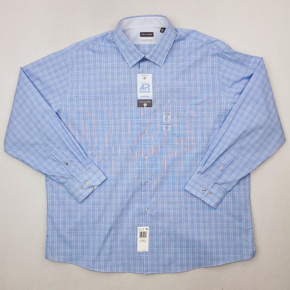Van Heusen Shirt Mens 18.5 Blue Check Plaid Button Up Air Cooling Stretch
